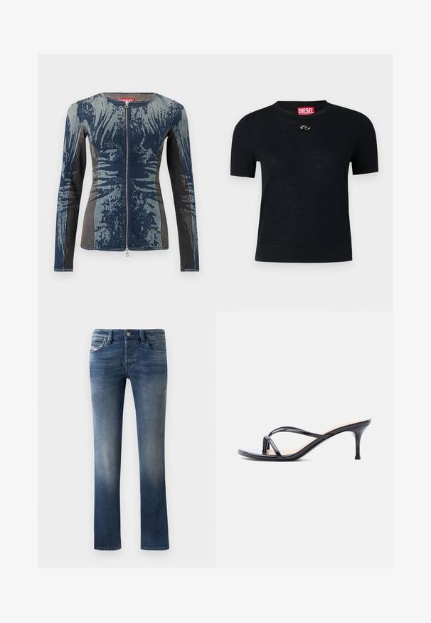 Must на lühikeste varrukatega must T-särk ümmarguse kaelusega, valmistatud pehmest kangast, millel on ümara hõbedase aktsendi jaoks kaela lähedal ja punane silt.; Denim jean jope, mis on sinise ja halli segu, millel on tõmblukuga esiosa, pikad varrukad ja ainulaadne abstraktne muster. Tekstuuriga kangas.; Tumed sinine teksariie, sirge jala disainiga, millel on kergelt tuhmumisdetailid reitel ja klassikaline viie tasku stiil.; Mustast lakknahast kontsakingad, millel on õhukesed risti kõndivad rihmad ja kitsas keskmise kõrgusega konts.