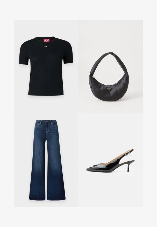 Schwarzes T-Shirt mit kurzen Ärmeln und Rundhalsausschnitt, aus weichem Stoff gefertigt, mit einem rundlichen silbernen Akzent am Halsauschnitt und einem roten Etikett.; Dunkelblaue weit geschnittene Jeans mit hohem Bund, aus Denim gefertigt, mit subtiler Ausbleichung, Fronttaschen und klassischem Knopfverschluss.; Schwarzer Pumps mit Riemchen aus Lackleder, spitz zulaufender Zehenpartie, kleinem Kitten-Heel und silberner Schnalle auf weißem Hintergrund.; Schwarze Satin-Handtasche mit geschwungener Form, ausgestattet mit einem Reißverschluss und einem dreieckigen Metallsymbol auf der Vorderseite. Glatte Textur und elegantes Design.