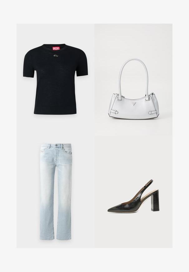 Camiseta negra de manga corta con cuello redondo, confeccionada en tejido suave, que presenta un acento plateado redondeado cerca del escote y una etiqueta roja.; Jeans de mezclilla de color azul claro con un diseño de pierna recta, que presentan un efecto de desvanecimiento, cinco bolsillos y un cierre de botón en la parte frontal.; Zapato slingback de piel negra con puntera puntiaguda, tacón alto y ancho, y forro interior beige sobre un fondo claro y liso.; Bolso de mano plateado con un diseño estructurado, que cuenta con dos asas, textura brillante, herrajes de acento y un logo triangular en la parte frontal.