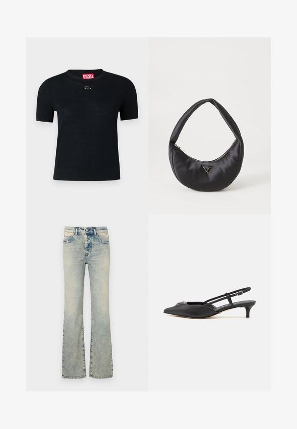Zwarte T-shirt met korte mouwen en een ronde hals, gemaakt van zachte stof, met een afgeronde zilveren accent nabij de halslijn en een rood etiket.; Lichtblauwe uitlopende jeans van denim, met een vijf-pocket ontwerp, stikdetails en een reguliere tailleband met een knoopsluiting.; Zwarte slingback schoenen met een puntige neus, gemaakt van glad materiaal, met een kleine hak en een decoratieve zilverkleurige accent op de wreef.; Zwarte satin handtas met een gebogen vorm, voorzien van een ritssluiting en een driehoekig metalen logo aan de voorkant. Gladde textuur en een slank ontwerp.
