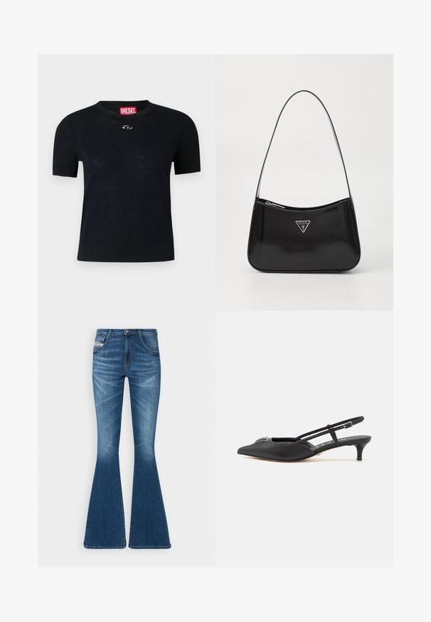 Sort kortærmet T-shirt med rund hals, lavet af blødt stof, med en rund sølvdetalje nær halsudskæringen og et rødt mærke.; Flared jeans i mellemblå denim med høj talje, fem-lomme design og subtile whiskering-detaljer ved lårene.; Sorte slingback-sko med spids tå, lavet af glat materiale, med en lille hæl og en dekorativ sølvaccent på vamps.; Sort patenteret læder skuldertaske med en buet form, prydet med et sølvfarvet trekantet logo og en lynlås-lukning. Glat tekstur og slank rem.