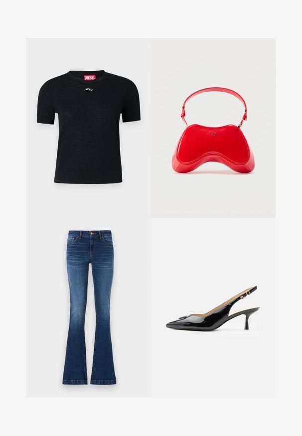 Sort kortærmet T-shirt med rund hals, lavet af blødt stof, med en rund sølvdetalje nær halsudskæringen og et rødt mærke.; Udvidede blå jeans lavet af denim, med en mellemhøj talje, fem lommer og kontrasterende syninger langs sømmene.; Sort patentlæder slingback hæl med spids tå, lille kitten hæl og sølvspænde på en ensartet hvid baggrund.; Rød taske i laklæder med en buet, ergonomisk form, der har en tynd justerbar rem og en diskret logodetalje foran.