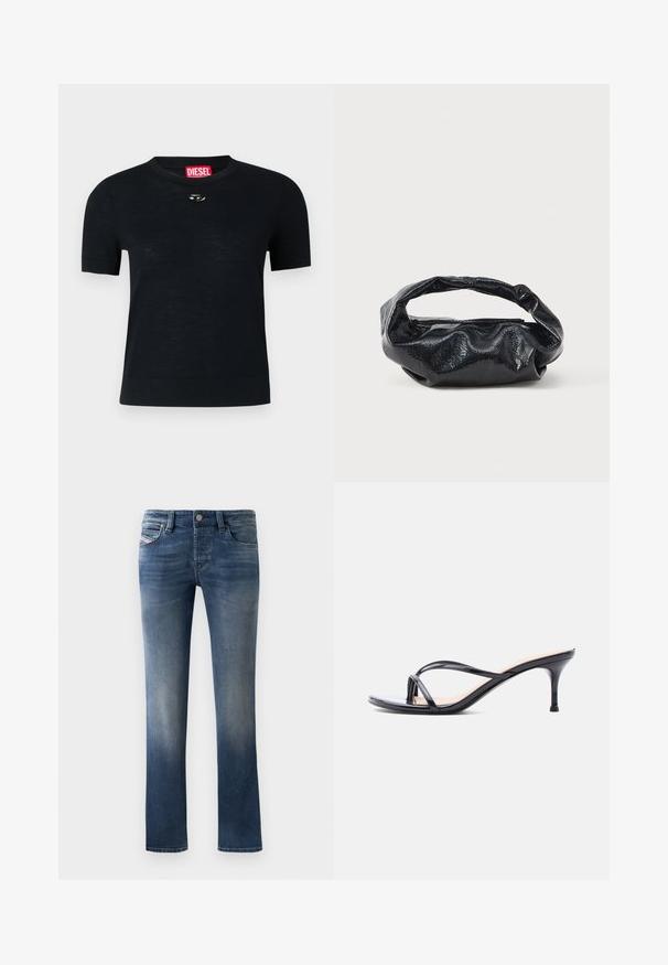 Camiseta negra de manga corta con cuello redondo, confeccionada en tejido suave, que presenta un acento plateado redondeado cerca del escote y una etiqueta roja.; Jeans de denim azul oscuro con un diseño de pierna recta, que presentan un ligero desgaste en los muslos y un estilo clásico de cinco bolsillos.; Sandalia de tacón de charol negro con tiras finas cruzadas y un tacón de aguja delgado de altura media, sobre un fondo blanco.; Bolso negro hecho de un material brillante y texturizado con un asa circular retorcida y un cierre de cremallera. Presenta un diseño suave y arrugado.