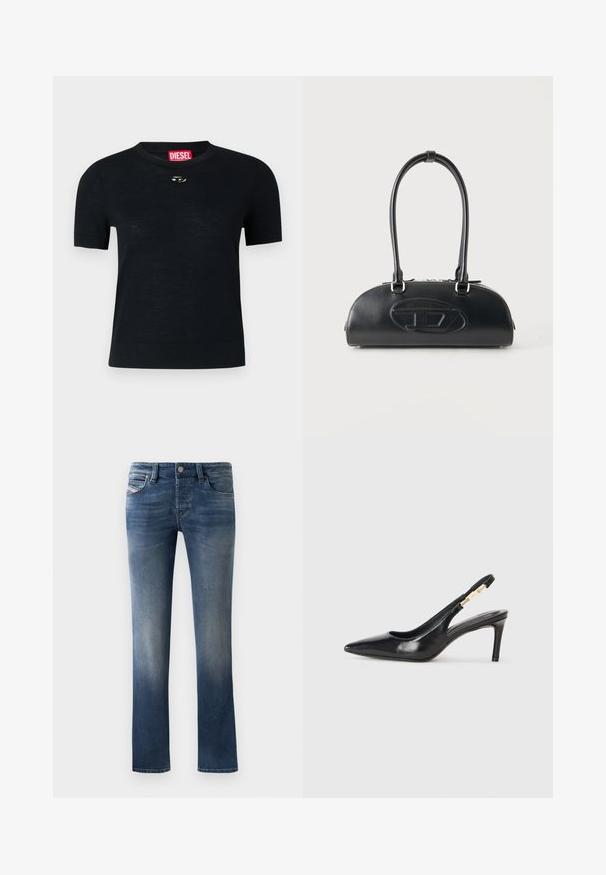 Sort kortærmet T-shirt med rund hals, lavet af blødt stof, med en rund sølvdetalje nær halsudskæringen og et rødt mærke.; Mørkeblå denim jeans med lige ben-design, der har let falmende detaljer på lårene og klassisk fem-lomme stil.; Sort læder slingback højhælede sko med spidse tæer, glat overflade og en smal ankelrem med guldfarvede hardware detaljer.; Sort læderhåndtaske med lange dobbelte håndtag og præget ovalt logo foran, vist mod en ensartet lys baggrund.