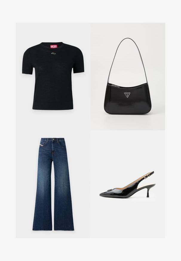 T-shirt noir à manches courtes avec col rond, fabriqué en tissu doux, comportant un accent argenté arrondi près de l'encolure et une étiquette rouge.; Jeans taille haute, bleu foncé, à jambe large, avec poches avant et à pièce, fermeture à bouton et détails de décoloration subtile sur les cuisses.; Escarpin slingback en cuir verni noir avec bout pointu, petit talon kitten et bride à boucle argentée sur fond blanc uni.; Sac à épaule en cuir verni noir avec une forme incurvée, présentant un logo triangle en argent et une fermeture éclair. Texture lisse et bandoulière fine.