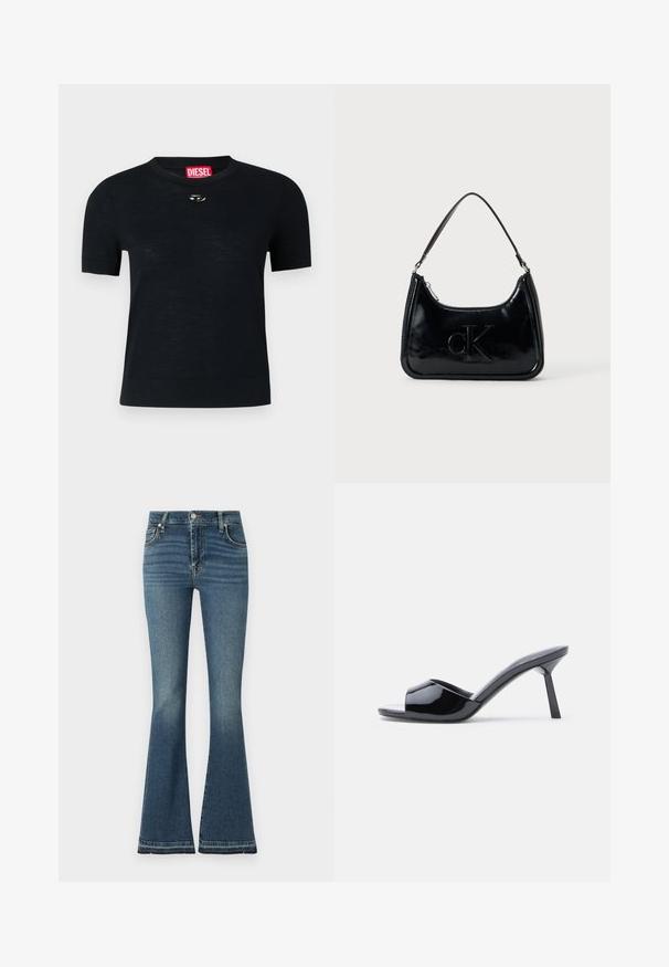 Sort kortærmet T-shirt med rund hals, lavet af blødt stof, med en rund sølvdetalje nær halsudskæringen og et rødt mærke.; Bredde jeans i mellemblå denim med høj talje, diskret slid, fem-lommemodel og synlige syninger.; Sorte laklæder sandaletter med åben tå, der har et buet overdesign og en spids stilethæl. Glat, blank finish.; Sort patentlæder håndtaske med et buet topgreb, lynlåsslukning og prægede "cK" logo på fronten. Glat tekstur, struktureret form.