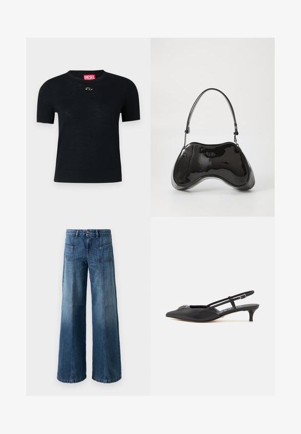 Camiseta negra de manga corta con cuello redondo, confeccionada en tejido suave, que presenta un acento plateado redondeado cerca del escote y una etiqueta roja.; Jeans de pierna ancha en un denim azul desgastado. Presentan cinco bolsillos, un cierre de botón y cremallera, con costuras visibles y un ajuste holgado.; Zapatos slingback negros con punta afilada, hechos de material suave, con un pequeño tacón y un acento decorativo plateado en el empeine.; Bolso de mano de piel sintética negra con un diseño curvado único, asas cortas y ajustables, y abertura con cremallera en la parte superior. Textura suave con una sutil marca.
