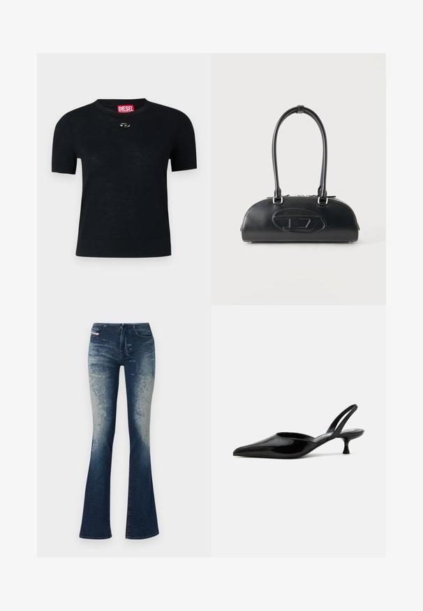 T-shirt noir à manches courtes avec col rond, fabriqué en tissu doux, comportant un accent argenté arrondi près de l'encolure et une étiquette rouge.; Jean en denim évasé avec un bleu foncé délavé, surface texturée et fermeture éclair. Design à cinq poches avec étiquette de marque.; Chaussure slingback à talon kitten en cuir verni noir avec bout pointu et talon bas incurvé sur fond clair uni.; Sac à main en cuir noir avec longues poignées doubles et logo ovale embossé sur le devant, présenté sur un fond clair uni.