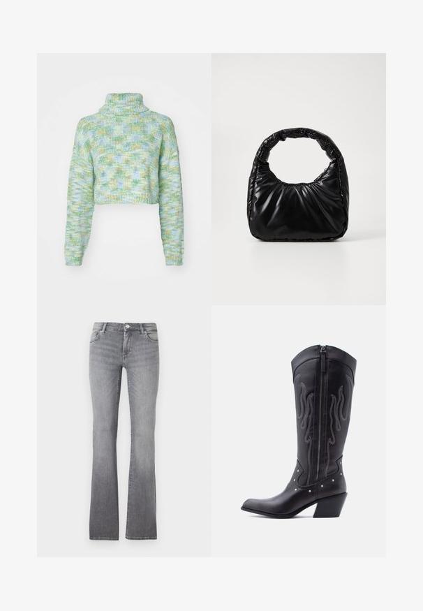 ONLY ONLELOISE CROP ROLLNECK - Svetrík - absinthe green; Šedé rozšírené džínsy z denimu s mäkkou textúrou, so strihom na päť vreciek a kovovou prackou na páse.; Čierne kožené kovbojské čižmy so špicatou špičkou, viditeľným prešívaním, striebornými ozdobnými nitmi a zipsom na vnútornej strane.; Čierna vycpaná kabelka s okrúhlym držadlom, s hladkým, lesklým povrchom a jemnou prešitou textúrou. Žiadne viditeľné kovanie ani akcenty.