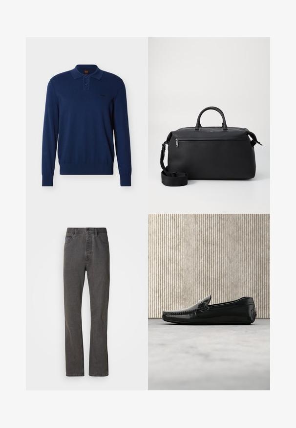 Polo bleu marine à manches longues avec deux boutons, poignets et ourlet côtelés, et petit logo "BOSS" sur la poitrine gauche.; Jeans en denim gris avec une coupe droite, dotés de poches avant, d'une fermeture à bouton et d'une texture subtile.; Mocassins en cuir noir avec une finition brillante, bout rond et quincaillerie décorative à l'avant. Semelle en caoutchouc à profil bas. Texture lisse.; Sac de voyage en cuir noir avec deux poignées supérieures, une bandoulière amovible et une poche avant zippée pour un espace de rangement supplémentaire.