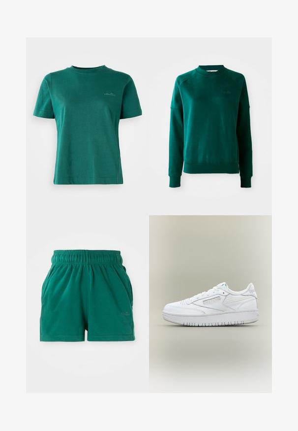 Sudadera verde de cuello redondo con mangas raglán, fabricada con tejido suave. Presenta un cuello y puños acanalados, y sutilmente marca en el pecho.; Camiseta verde de manga corta, hecha de una tela suave, con escote redondo y un sutil acento de logo en la parte delantera.; Pantalones cortos casuales verdes con cintura elástica, bolsillos laterales y un sutil logo en la pierna delantera derecha.; Zapatilla blanca Reebok de perfil bajo con cierre de cordones, puntera perforada, panel lateral con marca y suela gruesa sobre fondo neutro.
