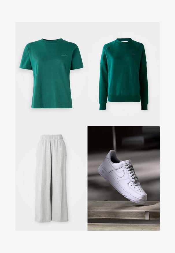 Sudadera verde de cuello redondo con mangas raglán, fabricada con tejido suave. Presenta un cuello y puños acanalados, y sutilmente marca en el pecho.; Camiseta verde de manga corta, hecha de una tela suave, con escote redondo y un sutil acento de logo en la parte delantera.; Pantalones de chándal anchos de color gris claro con cinturilla elástica y costuras laterales. Fabricados con una suave mezcla de algodón para mayor comodidad. Sin logotipos visibles.; Zapatilla Nike Air Force 1 blanca levitando sobre una superficie de hormigón con sombras en un entorno minimalista.