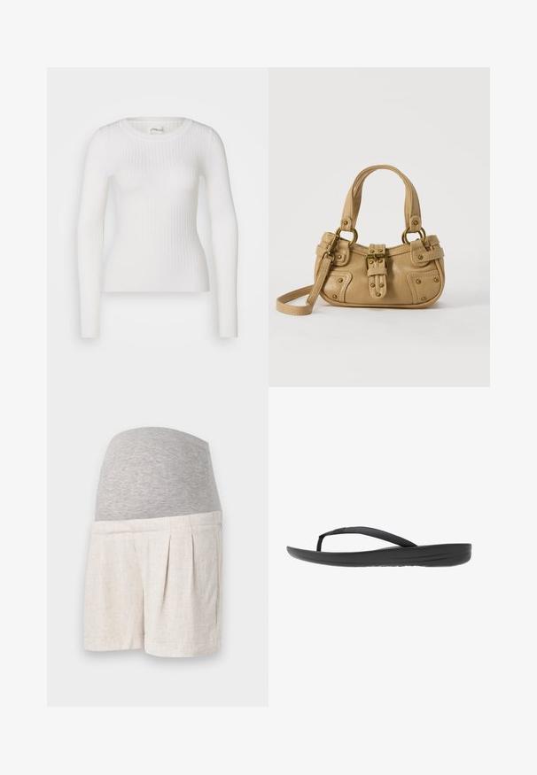 Witte lange mouwen geribbelde top met een ronde hals. De stof is soepel, met een subtiele textuur en een aansluitend ontwerp. Geen zichtbare hardware of patronen.; Zwangere shorts van lichtbeige linnen stof, voorzien van een grijze elastische tailleband en plooidetails voor comfort en flexibiliteit.; Zwarte flip-flop met een gestructureerde band, een gevoerde zool en een strak, minimalistisch ontwerp. Geschikt voor casual gebruik.; Beige leren handtas met dubbele handvatten, messing gesps en klinknagel details, en een verstelbare schouderriem tegen een witte achtergrond.