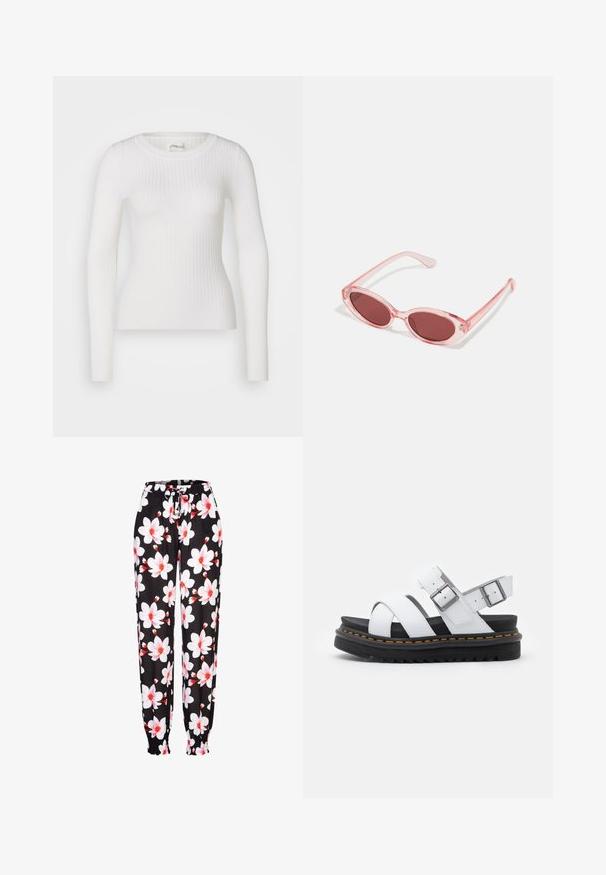 Top blanco de manga larga con costuras acanaladas y escote redondo. La tela es suave, con una textura sutil y un diseño ajustado. Sin hardware ni patrones visibles.; Pantalones de tela negra con patrón floral en blanco y rojo, con cintura elástica y cordón ajustable, y puños fruncidos. Material ligero.; Sandalias de cuero blancas con correas ajustables con hebilla, suela de plataforma negra en capas y detalle de costura naranja a lo largo del borde.; Gafas de sol transparentes rosas con lentes ovalados, tinte rojo oscuro y varillas delgadas, con un acabado suave y detalles sutiles en la montura.