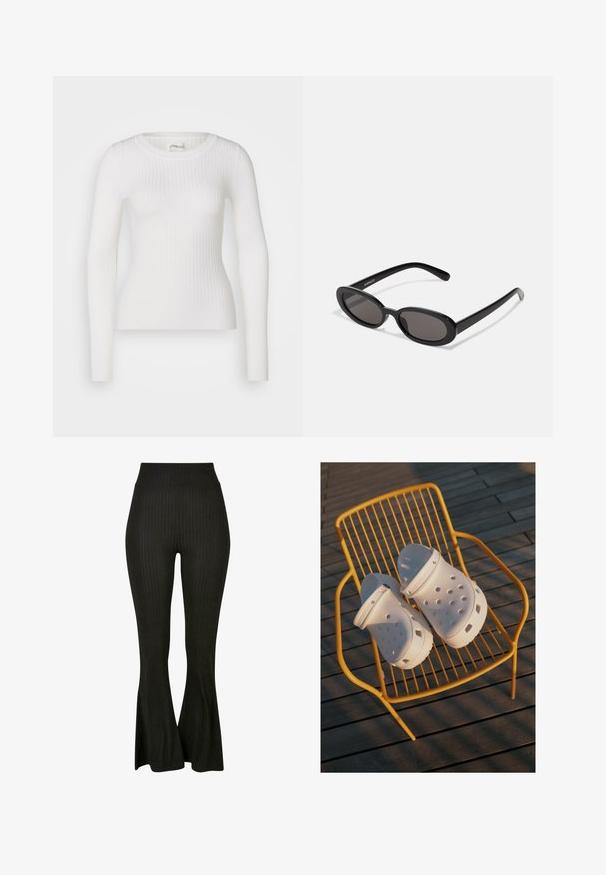 Hvid langærmet ribbet top med en rund halsudskæring. Stoffet er glat og har en subtil tekstur samt en tætsiddende design. Ingen synlige detaljer eller mønstre.; Sorte ribbede bukser med flagrende ende, høj talje og lodrette striber for ekstra tekstur og stil.; Hvide Crocs træskor har et perforeret design, flade såler og justerbare hælremme, og de står på en gul trådstol mod et trægulv.; Even&Odd Solbriller - black