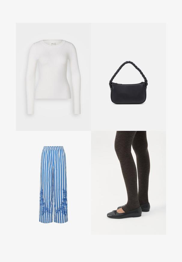Hvid langærmet ribbet top med en rund halsudskæring. Stoffet er glat og har en subtil tekstur samt en tætsiddende design. Ingen synlige detaljer eller mønstre.; Blå og hvide stribede brede bukser med elastisk talje, prydet med broderede blomsterdesigns på de nederste sider. Fremstillet af letvægtsstof.; Ben iført mørke ribbede leggings kombineret med sorte balletsko med små sløjfedetaljer på hvid baggrund.; Sort håndtaske med en rund form, lavet af glat materiale. Har et flet håndtag og en lynlåslukning for sikker opbevaring.