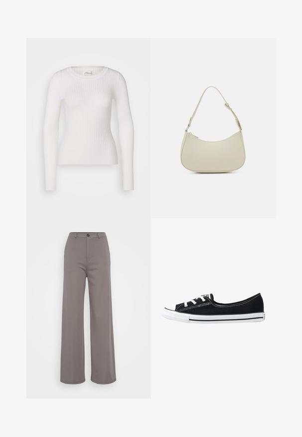 Hvid langærmet ribbet top med en rund halsudskæring. Stoffet er glat og har en subtil tekstur samt en tætsiddende design. Ingen synlige detaljer eller mønstre.; Bredde bukser i et blødt gråt stof. Har en knaplukning og rene sømme. Glat tekstur uden synlige mønstre eller udsmykninger.; Sorte kanvas sko med hvid gummitå og sål, der har hvide snørebånd og kontrasterende hvid syning langs den øverste kant.; Pieces PCALUANA SHOULDER BAG - Håndtasker - birch