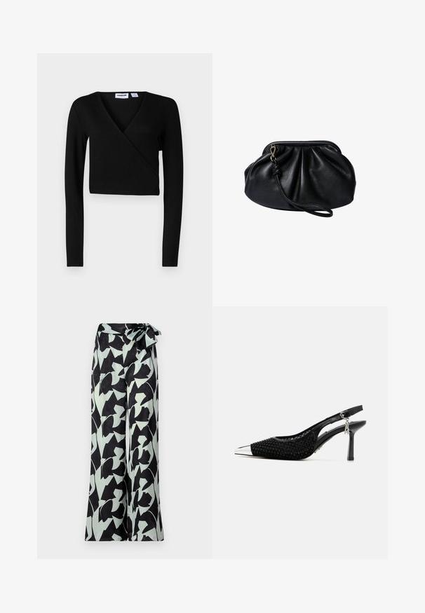 Top corto negro con mangas largas, textura suave, diseño de escote en V y con detalles mínimos. Adecuado para outfits casuales o en capas.; Pantalones de pierna ancha en negro con patrones florales abstractos en verde menta. Presentan una cintura alta con un cinturón atado para un ajuste ajustable.; Zapatos de tacón negro tipo slingback con parte superior de tejido texturizado, punta afilada y puntera en metal plateado. Presenta un tacón delgado y una correa ajustable.; Bolso de cuero negro con diseño fruncido, forma curva y asa corta. Cuenta con cierre de broche y acabado texturizado.