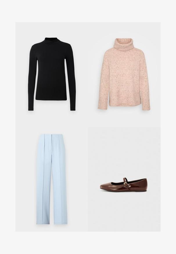 Lichtroze gebreide coltrui met een geribde zoom en boorden, voorzien van een gestructureerde afwerking met subtiele spikkels doorheen.; Zwarte langemouwen turtleneck shirt gemaakt van gladde stof; aansluitend ontwerp met een hoge kraag en geen zichtbare naden. Eenvoudige, effen kleur.; Lichtblauwe high-waist wijde broek met plooien aan de voorkant en een verborgen gulp sluiting op een effen achtergrond.; Bruine gepatineerde leren balletschoen met een vierkante neus en een bandje met een kleine gouden gesp. Gladde textuur, lage hak en minimalistisch ontwerp.