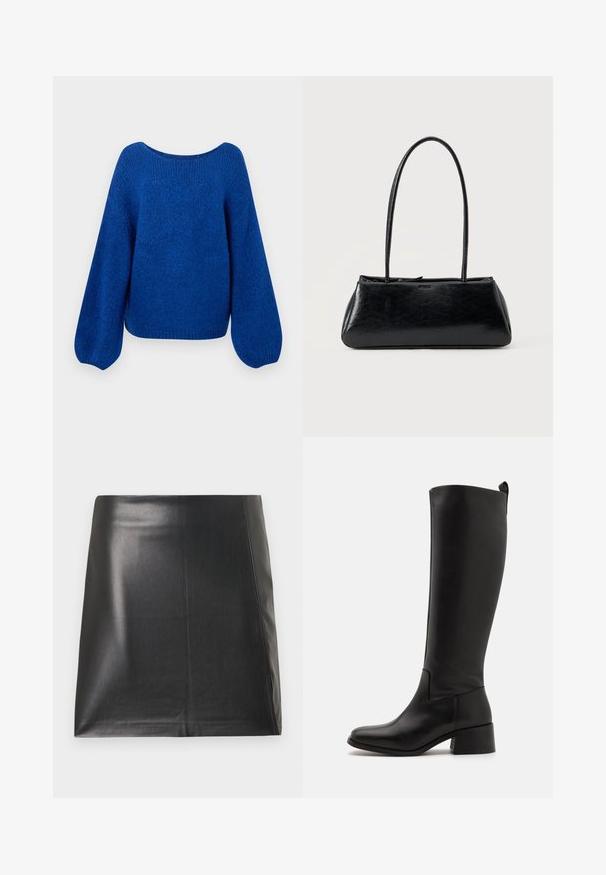 Blå striktrøje med bred bådudskæring, løse ballonsleeves og en struktureret overflade. Den kortede kant fremhæver det afslappede fit.; Sort mininederdel af imiteret læder med en let sideslids og glat tekstur, vist fladt på en hvid baggrund.; Sorte knæhøje støvler lavet af glat læder med en blokhælfod, rund tå og et slankt, ubesmykket design.; Sort rektangulær skuldertaske med lange tynde stropper og en glat, blank tekstur på en ensfarvet baggrund.