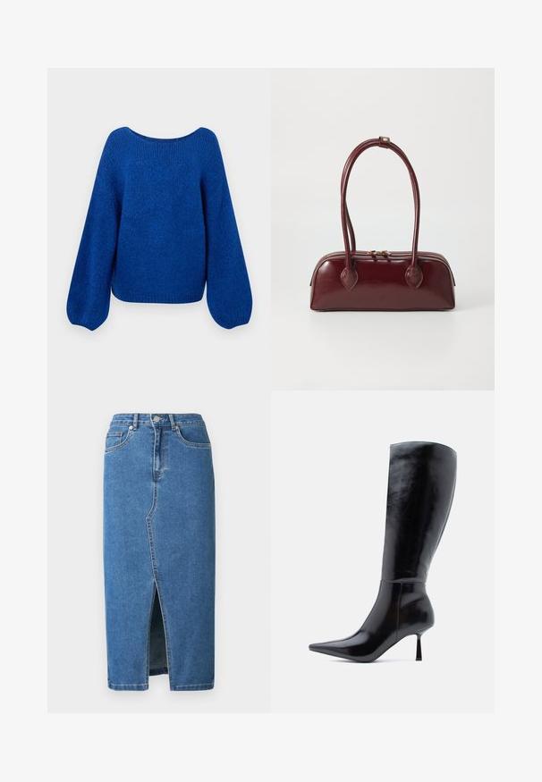 Blauer gestrickter Pullover mit einem weit geschnittenen Bootsausschnitt, lockeren Ballonärmeln und einer strukturierten Oberfläche. Der cropped Saumbetont den lässigen Schnitt.; Jeans-Midirock in Blau. Verfügt über einen vorderen Schlitz, einen hohen Bund und ein Fünf-Taschen-Design. Klassische Nähte und Metall-Details.; Schwarze kniehohe Stiletto-Stiefel mit glänzender Lederoberfläche, spitzem Zeh und schlankem, konisch zulaufendem Absatz, die eine glatte Oberfläche und ein elegantes Design aufweisen.; Burgunderfarbene Ledertasche mit geschwungener Form, doppelten Tragegriffen, Reißverschlussverschluss und dezenten Steppdetails. Glatte, hochglänzende Oberfläche.
