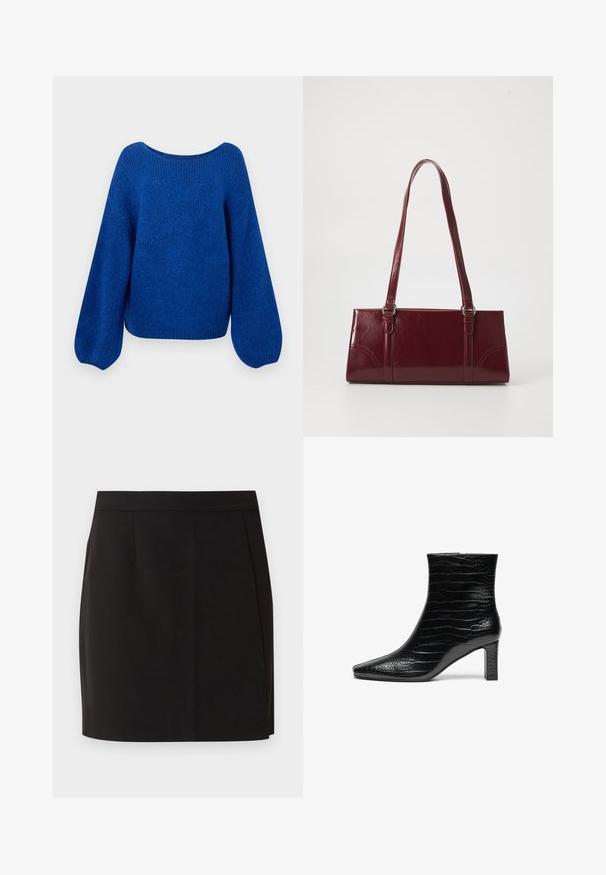 Pull en tricot bleu avec un large col bateau, des manches ballons amples et une finition texturée. L'ourlet court accentue la coupe décontractée.; Jupe droite noire longueur genou avec une taille ajustée et des détails de couture subtils sur fond blanc.; Bottine noire à bout pointu, extérieure en crocodile brillant, et talon carré de hauteur moyenne. Design lisse et épuré.; Sac à main bordeaux en matériau brillant, de forme rectangulaire, avec deux anses et des accents légèrement courbés à l'avant.