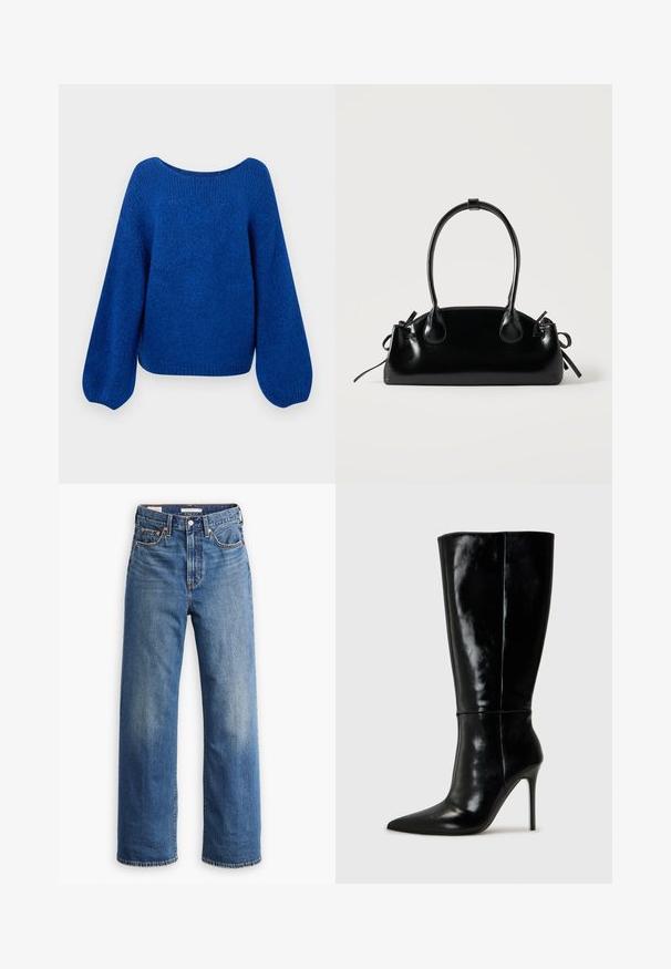 Pull en tricot bleu avec un large col bateau, des manches ballons amples et une finition texturée. L'ourlet court accentue la coupe décontractée.; Jean en denim bleu clair avec une taille haute, une coupe à jambes larges, un style classique à cinq poches et un léger délavage sur le tissu.; Bottes noires en cuir, hautes jusqu'au genou, avec un bout pointu et un talon aiguille haut. Texture lisse et design épuré, avec un minimum de détails.; Petit sac à main noir brillant avec deux longues anses et des détails à cordon sur les côtés sur un fond clair uni.