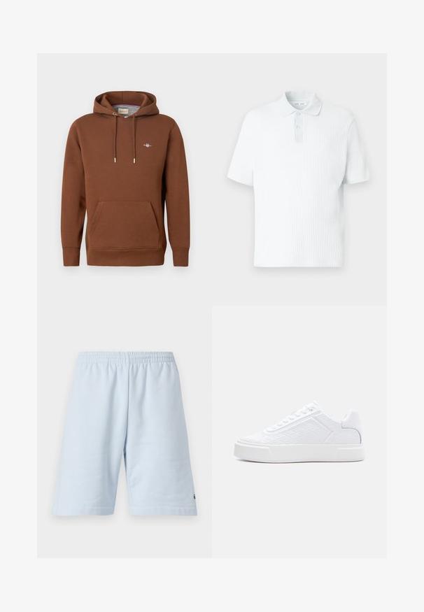 Sudadera con capucha marrón hecha de material suave; cuenta con un bolsillo frontal, cordones y un pequeño logo en el pecho. Textura suave.; Camiseta tipo polo en azul claro, confeccionada con tela texturizada. Presenta un cuello corto con cierre de botón, mangas cortas y un ajuste holgado.; Pantalones cortos de algodón azul claro con cinturilla elástica. Presenta un diseño simple y sólido con dobladillo abierto. Acento del logo en el dobladillo inferior.; Zapatilla blanca de perfil bajo con patrón geométrico en relieve, cierre de cordones y suela gruesa, mostrada de perfil sobre un fondo blanco.