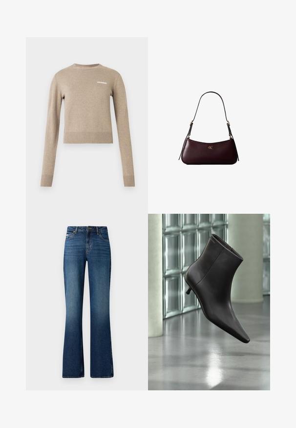 Beige gebreide trui met lange mouwen, ronde halslijn, geribbelde manchetten en zoom, met een klein wit tekstlogo op de voorkant.; Uitlopende jeans in een medium blauwe wassing, met een klassiek vijf-pocket ontwerp, knoopsluiting en een licht vervaagde textuur.; Zwarte leren enkellaars met puntige neus en lage hak, afgebeeld tegen een glazen blokkenmuur en gepolijste vloer op de achtergrond.; Donker bordeauxkleurige leren handtas met een smalle zwarte schouderband en klein gouden "cK" logo aan de voorkant in het midden.