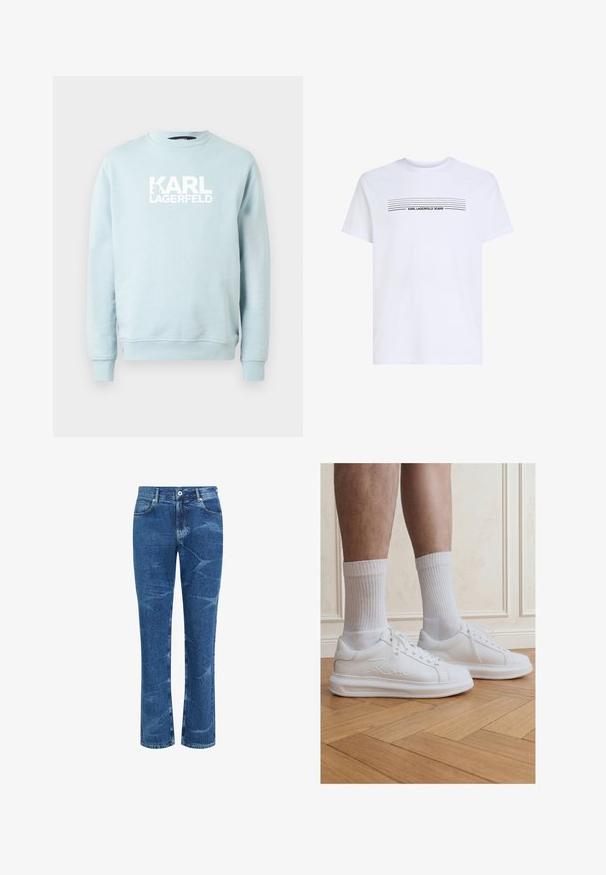 Sudadera de cuello redondo azul claro hecha de tela suave, con un audaz logo blanco "KARL LAGERFELD" en el frente. Diseño sencillo, mangas largas.; Camiseta blanca de manga corta con líneas horizontales negras y texto "KARL LAGERFELD JEANS" centrado en el pecho.; Jeans de mezclilla azul con corte recto en las piernas, detalles descoloridos y arrugados, cierre frontal con botón y cremallera, y bolsillos delanteros y traseros.; Piernas con calcetines blancos acanalados y zapatillas blancas Karl Lagerfeld, de pie sobre un suelo de parquet de madera clara.