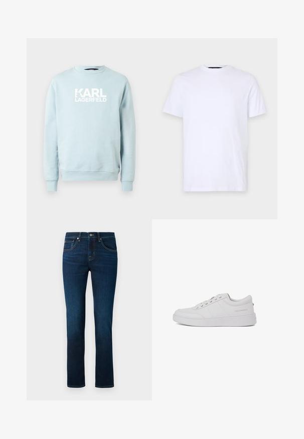 Lyseblå crewneck-sweatshirt lavet af blødt stof med en markant hvid "KARL LAGERFELD"-logo foran. Enkel design, lange ærmer.; Hvid bomulds T-shirt med korte ærmer, rund halsudskæring, med et diskret præget logo på venstre bryst, glat tekstur.; Mørkeblå jeans med et lige ben-design, klassisk fem-lomme stil og subtile syninger. Fremstillet af denimstof.; Hvide lædersneakers med et klassisk lavtop-design, flad sål og subtilt brandlogo på hælen. Har fem metaløjer til snørebånd.