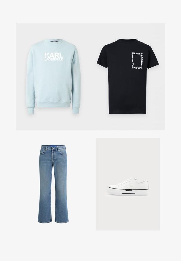 Sudadera de cuello redondo azul claro hecha de tela suave, con un audaz logo blanco "KARL LAGERFELD" en el frente. Diseño sencillo, mangas largas.; Camiseta negra de manga corta con texto blanco vertical y horizontal que forma un cuadrado en el lado izquierdo del pecho que dice "KARL LAGERFELD JEANS."; Vaqueros de mezclilla de un azul claro, con un corte acampanado y una altura de cintura media, diseño de cinco bolsillos, y una superficie sutilmente texturizada, con un cierre estándar de botón.; Zapatilla blanca de caña baja con cordones delanteros, suela gruesa, rayas negras, logo de Karl Lagerfeld y detalle en relieve de un rostro en el lateral.