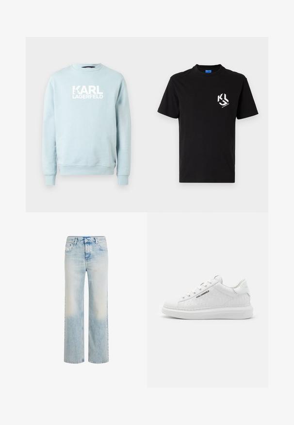 Lyseblå crewneck-sweatshirt lavet af blødt stof med en markant hvid "KARL LAGERFELD"-logo foran. Enkel design, lange ærmer.; Sort bomulds t-shirt med en hvid grafisk detalje på venstre brystområde. Rund hals, korte ærmer og klassisk snit.; Lyseblå jeans med lige ben, falmet vask, lukkes med knap og lynlås foran samt design med fem lommer.; Hvide sneakers lavet af glat læder med prægede mønstre. Har rund tå, snørebånd foran og struktureret sål. Sølvlogo detalje på siden.