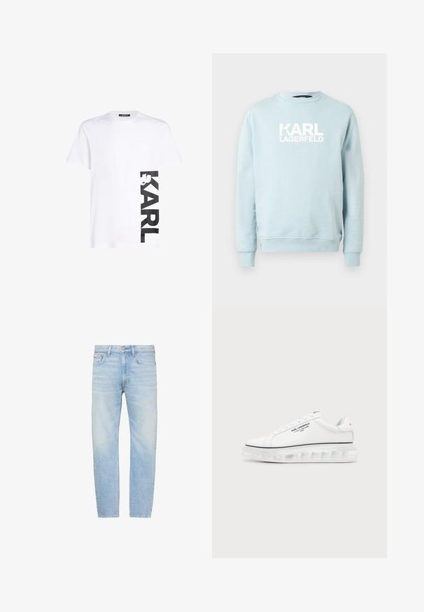 Hellblaues Sweatshirt mit Rundhalsausschnitt aus weichem Stoff, mit einem auffälligen weißen "KARL LAGERFELD"-Logo auf der Vorderseite. Einfaches Design, lange Ärmel.; Weißes Baumwoll-T-Shirt mit großem schwarzem "KARL"-Logo auf der linken Seite, kurzen Ärmeln und klassischem Rundhalsausschnitt.; Hellblaue Jeans mit geradem Bein, fünf Taschen, Knopfverschluss und ausgewaschenen Details an Oberschenkeln und Knien.; Weißer Karl Lagerfeld Sneaker mit schwarzem Textlogo und transparenter dicker Sohle auf schlichtem hellem Hintergrund.