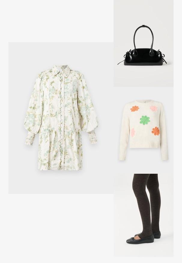 Suéter crema con cinco flores bordadas en rosa, naranja y verde. Puños y dobladillo acanalados. Textura suave con un corte relajado.; Vestido floral con mangas abullonadas, fondo blanco y flores verdes, con botones en el frontal, cintura fruncida, tela texturizada y puños con volantes.; Piernas con leggings oscuros acanalados combinados con bailarinas negras que presentan pequeños detalles de lazo sobre un fondo blanco.; Pequeño bolso negro brillante con dos asas largas y detalles de cordón lateral sobre un fondo claro liso.