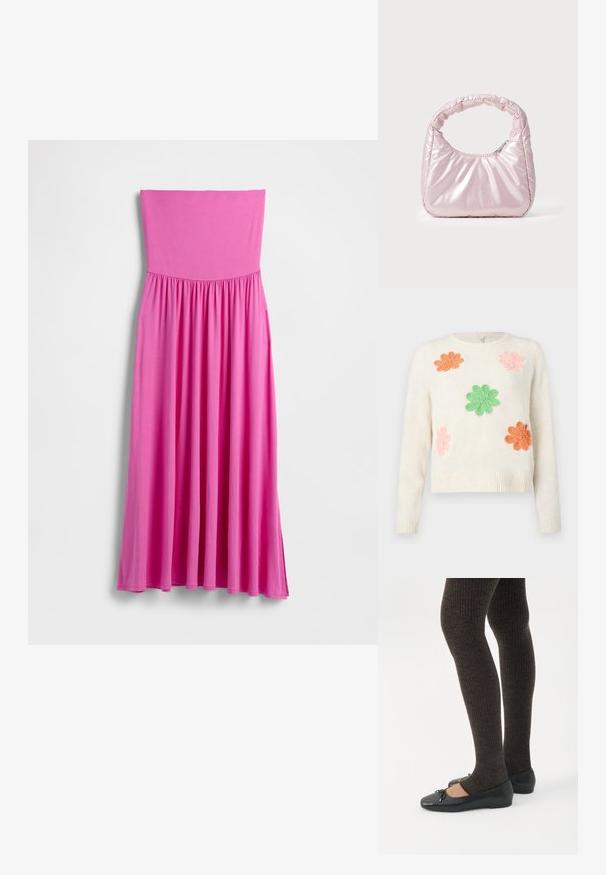 Suéter crema con cinco flores bordadas en rosa, naranja y verde. Puños y dobladillo acanalados. Textura suave con un corte relajado.; Vestido largo rosa sin tirantes hecho de tela ligera. Presenta un corpiño ajustado y una falda fluida con cintura fruncida.; Piernas con leggings oscuros acanalados combinados con bailarinas negras que presentan pequeños detalles de lazo sobre un fondo blanco.; Bolso de mano acolchado en color rosa con un diseño redondeado, fabricado en material brillante. Presenta un asa fruncida y un cierre de cremallera para un acceso seguro.