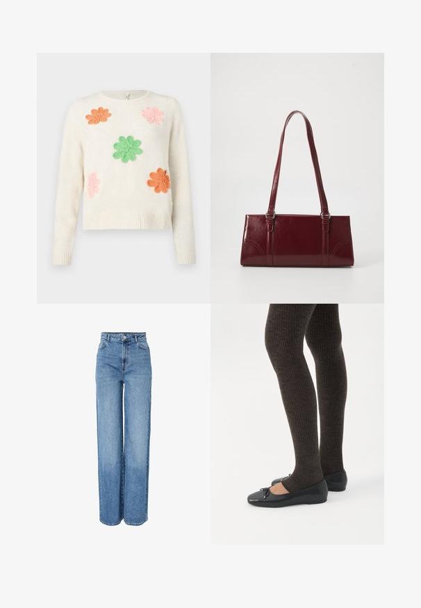 Pull crème avec cinq fleurs brodées en rose, orange et vert. Poignets et ourlet côtelés. Texture douce avec une coupe décontractée.; Jean en denim bleu, taille haute, coupe droite, avec fermeture à boutons et zip à l'avant, passants pour ceinture et poches avant et arrière.; Jambes portant des leggings côtelés foncés associés à des ballerines noires avec de petits détails en nœud sur fond blanc.; Sac à main bordeaux en matériau brillant, de forme rectangulaire, avec deux anses et des accents légèrement courbés à l'avant.