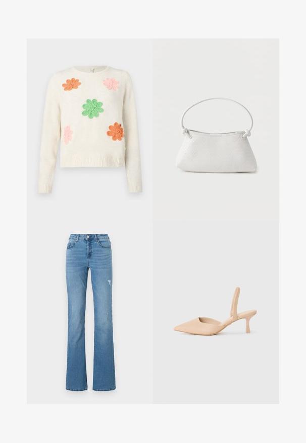 Pull crème avec cinq fleurs brodées en rose, orange et vert. Poignets et ourlet côtelés. Texture douce avec une coupe décontractée.; Jean flare bleu clair en denim, avec une taille haute, cinq poches et de subtils détails déchirés sur les jambes.; Chausson slingback beige à bout pointu avec un petit talon carré. Matériau synthétique lisse, côtés ouverts et détails de design minimalistes.; Sac à main en cuir tressé blanc avec poignée arrondie et extrémités de lanière nouées, présenté sur un fond uni.