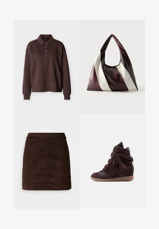 Polo marron à manches longues avec quatre boutons, poignets côtelés et ourlet côtelé sur un fond blanc uni.; Jupe mini en suede marron avec une texture lisse, taille ajustée et détails de coutures verticales. Design minimaliste sans embellissements supplémentaires.; Baskets compensées montantes en daim brun foncé avec bandes auto-agrippantes, orteil perforé, semelle en caoutchouc, talon clouté et étiquette de marque sur le côté.; Grand sac à main triangulaire en cuir avec de larges rayures diagonales marron foncé, bordeaux et crème sur un fond uni.