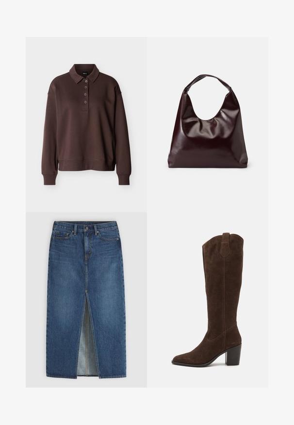 Polo marron à manches longues avec quatre boutons, poignets côtelés et ourlet côtelé sur un fond blanc uni.; Jupe midi en denim bleu avec fente centrale à l'avant, passants de ceinture, fermeture par bouton et style cinq poches.; Anna Field by Zalando LEATHER - Bottes à talons hauts - brown; Sac en cuir vegan bordeaux, brillant, avec une forme douce et sculpturale et une large poignée incurvée pour un transport facile.