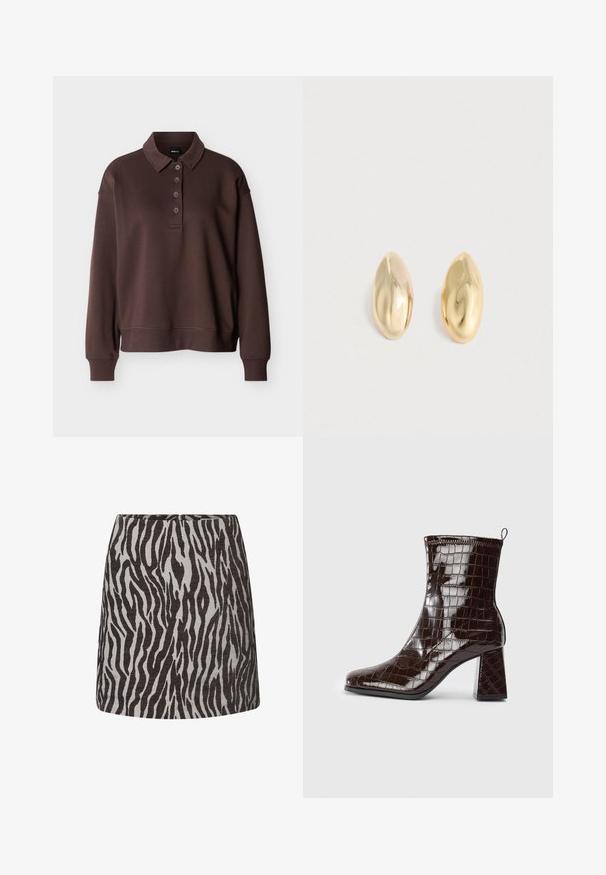 Camisa tipo polo marrón de manga larga con cuatro botones, puños acanalados y un dobladillo acanalado sobre un fondo blanco liso.; Minifalda con estampado de cebra en negro y gris, de corte recto y con cremallera oculta en la parte trasera.; Botín de tobillo de charol marrón oscuro con textura de cocodrilo, tacón cuadrado y asa en la parte posterior, sobre fondo blanco.; Un par de pendientes de oro en forma ovalada, irregulares, brillantes y suaves, colocados sobre una superficie clara.