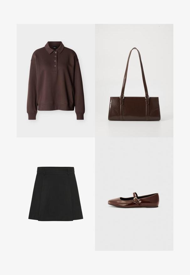 Polo marron à manches longues avec quatre boutons, poignets côtelés et ourlet côtelé sur un fond blanc uni.; Jupe plissée noire avec une taille structurée. Fabriquée à partir d'un tissu texturé, elle présente des plis distincts et un ourlet droit.; Ballerine en cuir verni marron avec un bout carré et une lanière ornée d'une petite boucle dorée. Texture lisse, talon bas et design minimaliste.; Sac à main en cuir verni marron de forme rectangulaire, avec deux longues poignées et des accents courbés subtils à l'avant.