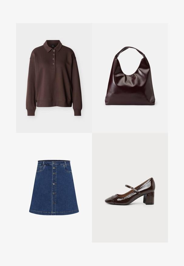 Camisa tipo polo marrón de manga larga con cuatro botones, puños acanalados y un dobladillo acanalado sobre un fondo blanco liso.; Falda de mezclilla en línea A de color azul oscuro con cierre de botones en el frente y costuras en contraste. Presenta dos bolsillos laterales y un dobladillo por encima de la rodilla.; Zapato Mary Jane de charol marrón con tacón grueso y perforaciones decorativas, mostrado de perfil sobre un fondo liso.; Bolso tote vegan de cuero brillante en burdeos, con una forma suave y escultórica y un asa ancha y curvada para facilitar el transporte.