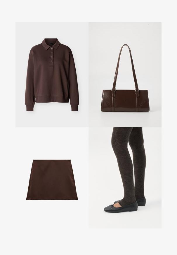 Polo marron à manches longues avec quatre boutons, poignets côtelés et ourlet côtelé sur un fond blanc uni.; Jupe en A marron en tissu doux, présentant une texture lisse et une fermeture éclair latérale dissimulée.; Jambes portant des leggings côtelés foncés associés à des ballerines noires avec de petits détails en nœud sur fond blanc.; Sac à main en cuir verni marron de forme rectangulaire, avec deux longues poignées et des accents courbés subtils à l'avant.