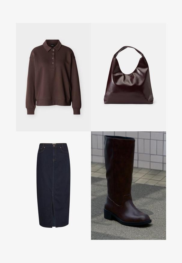 Brun langærmet poloshirt med fire knapper, ribstrikkede ærmeender og ribstrikket kant mod en ensfarvet hvid baggrund.; Mørk denim maxi-nederdel med en frontslids. Har orange syninger og et klassisk fem-lomme design. Knaplukning i taljen.; Mørkebrun læderstøvle til midt på læggen med rund tå og lav blokhæl, der står på fortov nær flisebelagt væg.; Bordeaux, skinnende vegansk læder tote taske med en blød, skulpturel form og et bredt, buet håndtag for nem bæring.