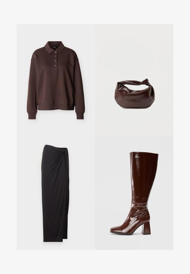 Brun langærmet poloshirt med fire knapper, ribstrikkede ærmeender og ribstrikket kant mod en ensfarvet hvid baggrund.; Sort maxinederdel med høj talje med draperede detaljer på den ene side og sideslids, lavet af letvægtsstof.; Knæhøje brune patentlæderstøvler med firkantet tå, glansfuld finish og en kraftig hæl for stabilitet. Sømløs design uden synligt hardware.; Mørkebrun læder skuldertaske med en blød, afslappet form og et snoet knudehåndtag på en ensartet hvid baggrund.