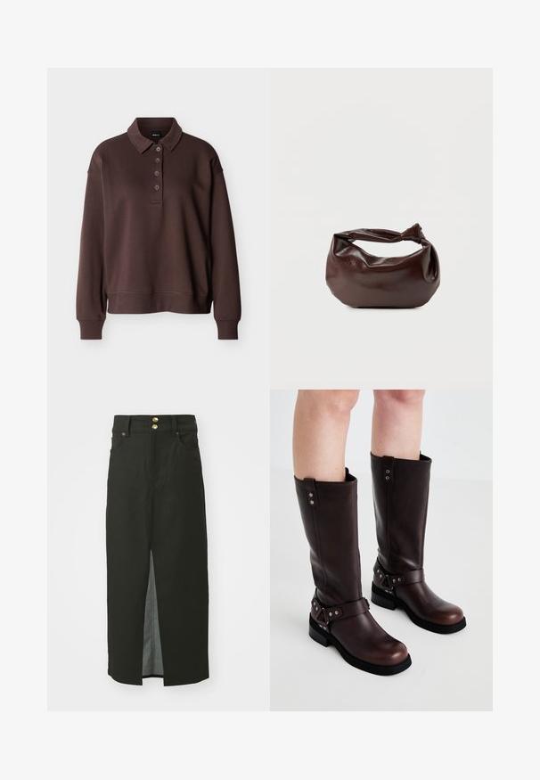 Bruine lange mouwen polo met vier knopen, geribbelde manchetten en een geribbelde zoom tegen een effen witte achtergrond.; Zwarte spijkerrok met een hoge taille, sluiting met twee gouden knopen, een split aan de voorkant en zijzakken. Glad textuur en knielengte ontwerp.; Bruine leren kniehoge laarzen met een gladde textuur, voorzien van een brede band en driehoekige hardware-accenten, met platte rubberen zolen.; Donkerbruine leren schoudertas met een zachte, slungelige vorm en een gedraaide knoopvormige handgreep op een effen witte achtergrond.