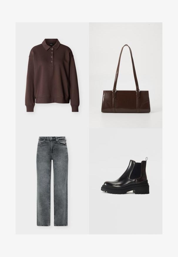 Bruine lange mouwen polo met vier knopen, geribbelde manchetten en een geribbelde zoom tegen een effen witte achtergrond.; Grijze straight-leg denim jeans met voorzakken, riemlussen en een knoop- en ritssluiting.; Tamaris Lage laarzen - merlot; Bruine lakleren handtas met een rechthoekige vorm, twee lange handvatten en subtiele gebogen accenten aan de voorkant.