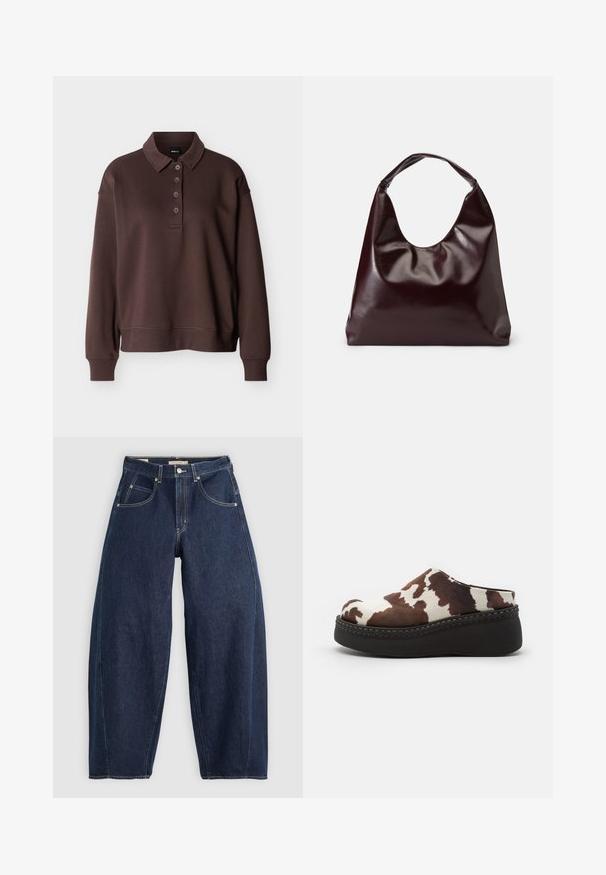 Brun langærmet poloshirt med fire knapper, ribstrikkede ærmeender og ribstrikket kant mod en ensfarvet hvid baggrund.; Mørkeblå denim jeans med løs pasform, lyse syninger, fem lommer og en knaplukning ved taljen.; Brune og hvide ko-print platform-træsko med en blød overdel, rund tå og en holdbar sort gummisål. Sømløs detaljering ved bunden.; Bordeaux, skinnende vegansk læder tote taske med en blød, skulpturel form og et bredt, buet håndtag for nem bæring.