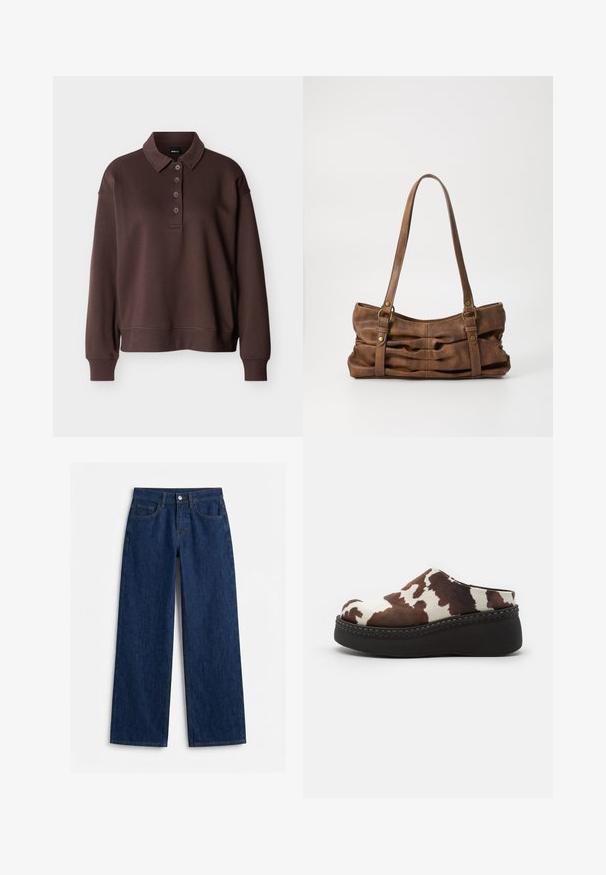 Brun langærmet poloshirt med fire knapper, ribstrikkede ærmeender og ribstrikket kant mod en ensfarvet hvid baggrund.; Mørkeblå, højtaljede, lige ben denimjeans med forlommer, bæltestropper og sølvknaplukning på en ensfarvet hvid baggrund.; Brune og hvide ko-print platform-træsko med en blød overdel, rund tå og en holdbar sort gummisål. Sømløs detaljering ved bunden.; Even&Odd Håndtasker - brown